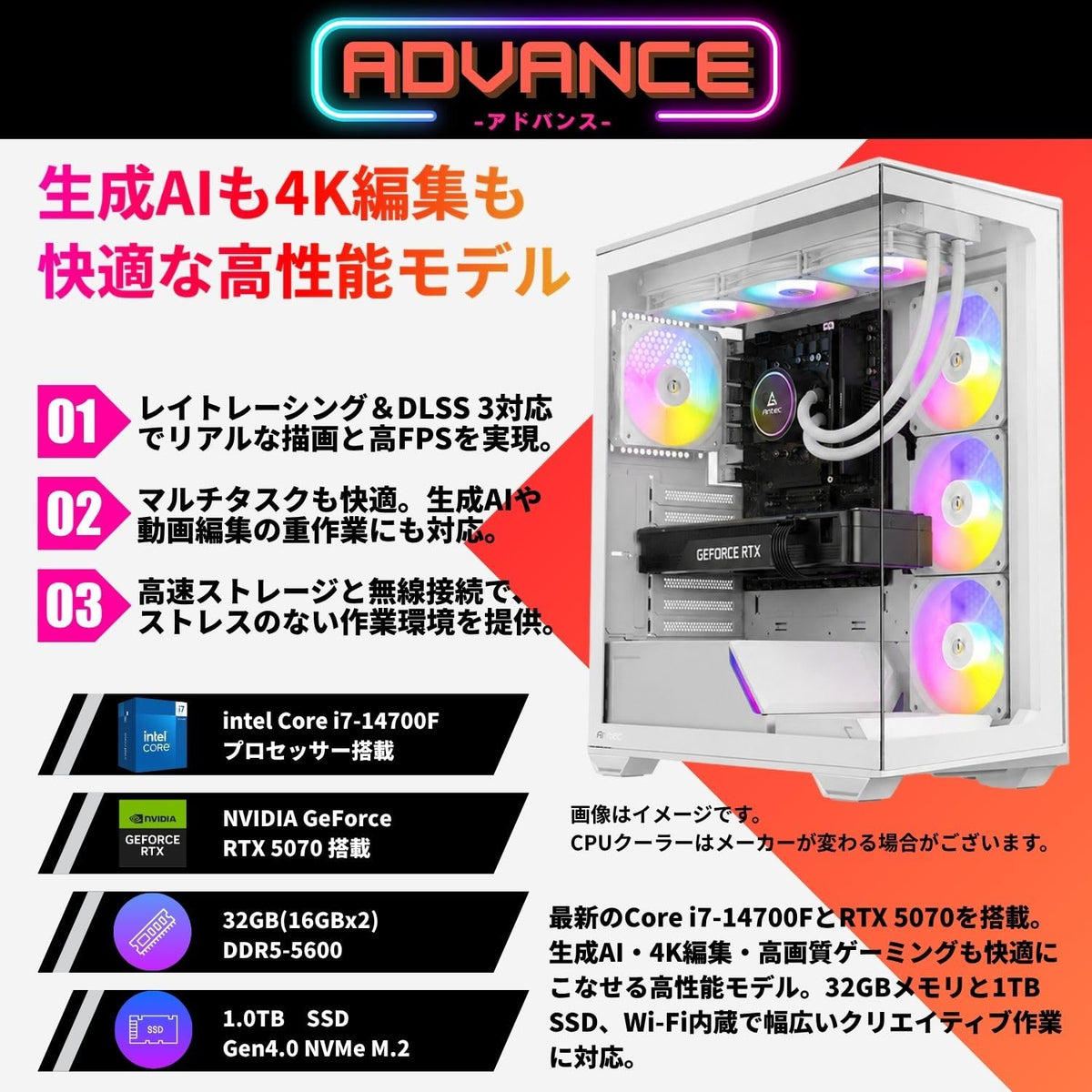 ジーム ゲーミングPC デスクトップ Core i7-14700F RTX 5070 メモリ32GB SSD1.0TB G-StormXi C3 ホワイト B0FBM482CB