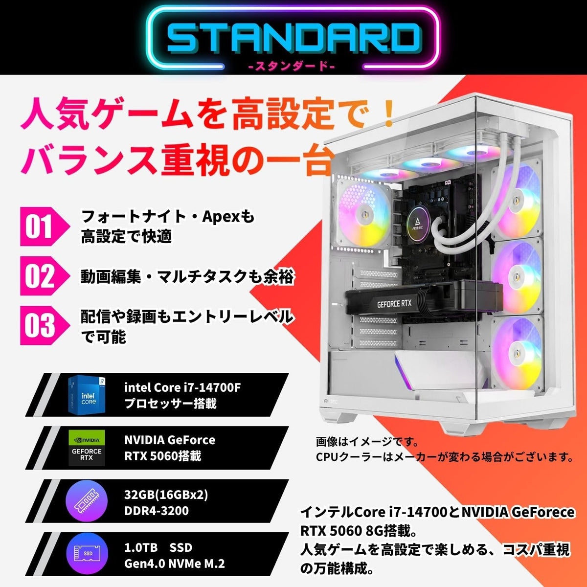 ジーム ゲーミングPC デスクトップ Core i7-14700F RTX 5060 メモリ32GB SSD1.0TB G-StormXi C3 ホワイト B0FBM54FQC