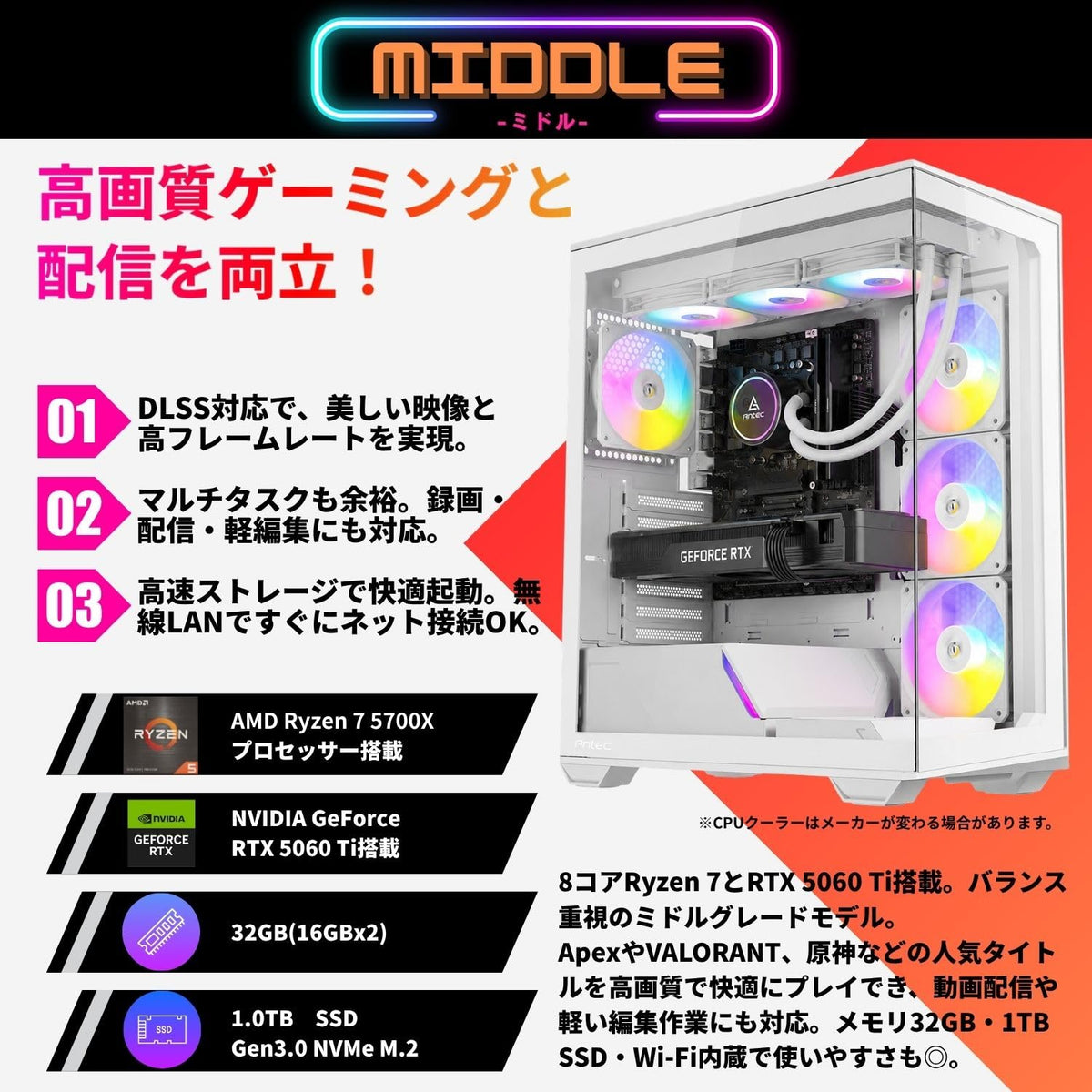 ジーム ゲーミングPC デスクトップ Ryzen 7 5700X RTX 5060 Ti メモリ32GB SSD1TB G-StormXa C3 ホワイト B0FBM1RHDS