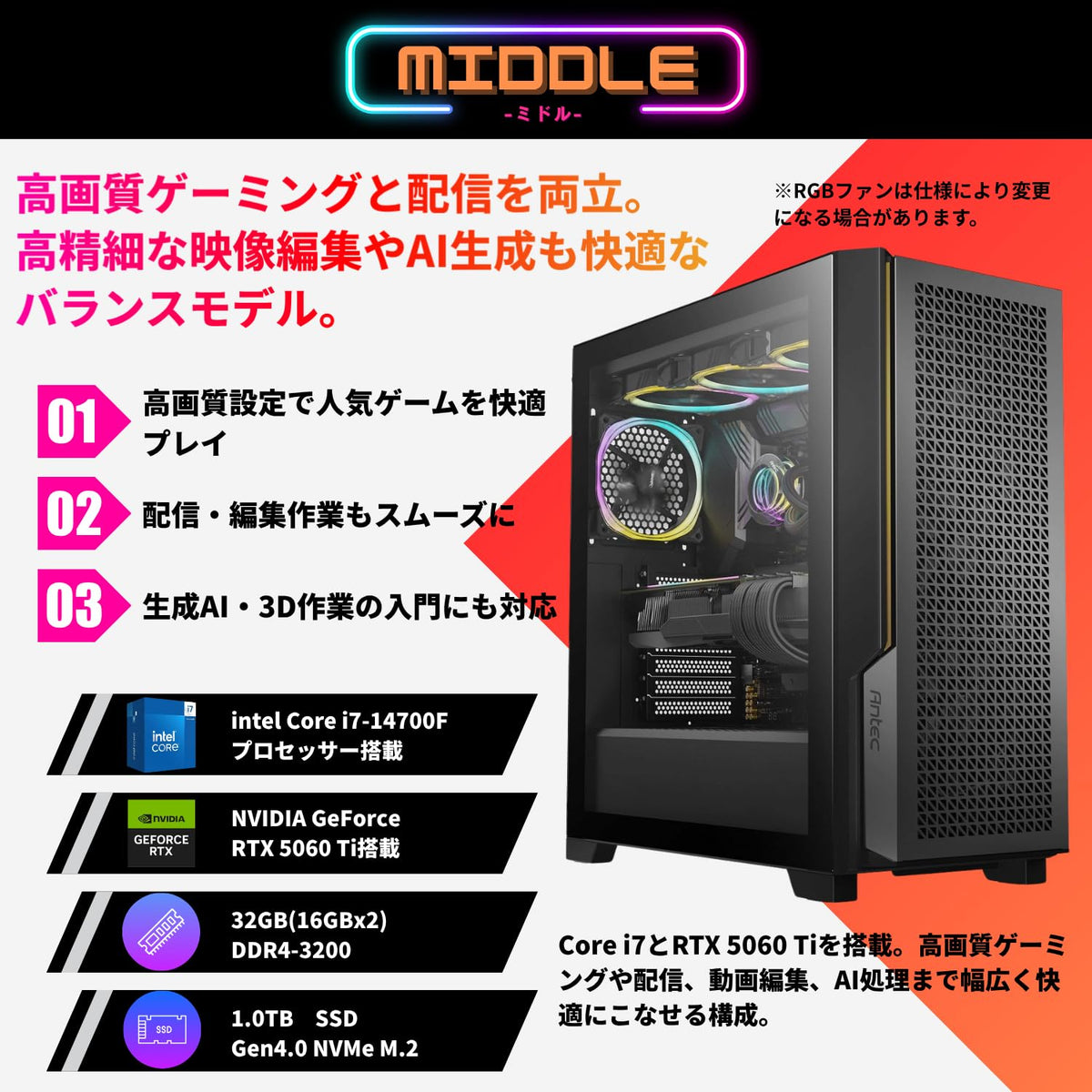 ジーム ゲーミングPC デスクトップ Core i7-14700F RTX 5060 Ti メモリ32GB SSD1TB G-StormXi P20C ブラック B0FBM742FP