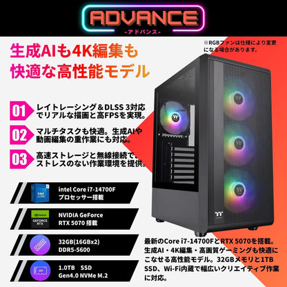 ジーム ゲーミングPC デスクトップ Core i7-14700F RTX 5070 メモリ32GB SSD1.0TB G-StormXi S200 TG ARGB Plus ブラック B0FBM4J82M