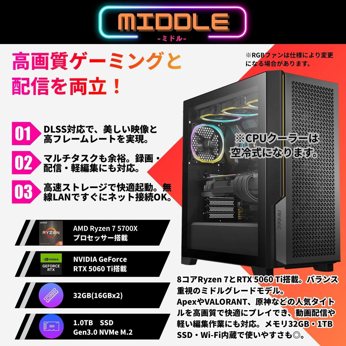 ジーム ゲーミングPC デスクトップ Ryzen 7 5700X RTX 5060 Ti メモリ32GB SSD1TB G-StormXa P20C ブラック B0FBM2CBTT